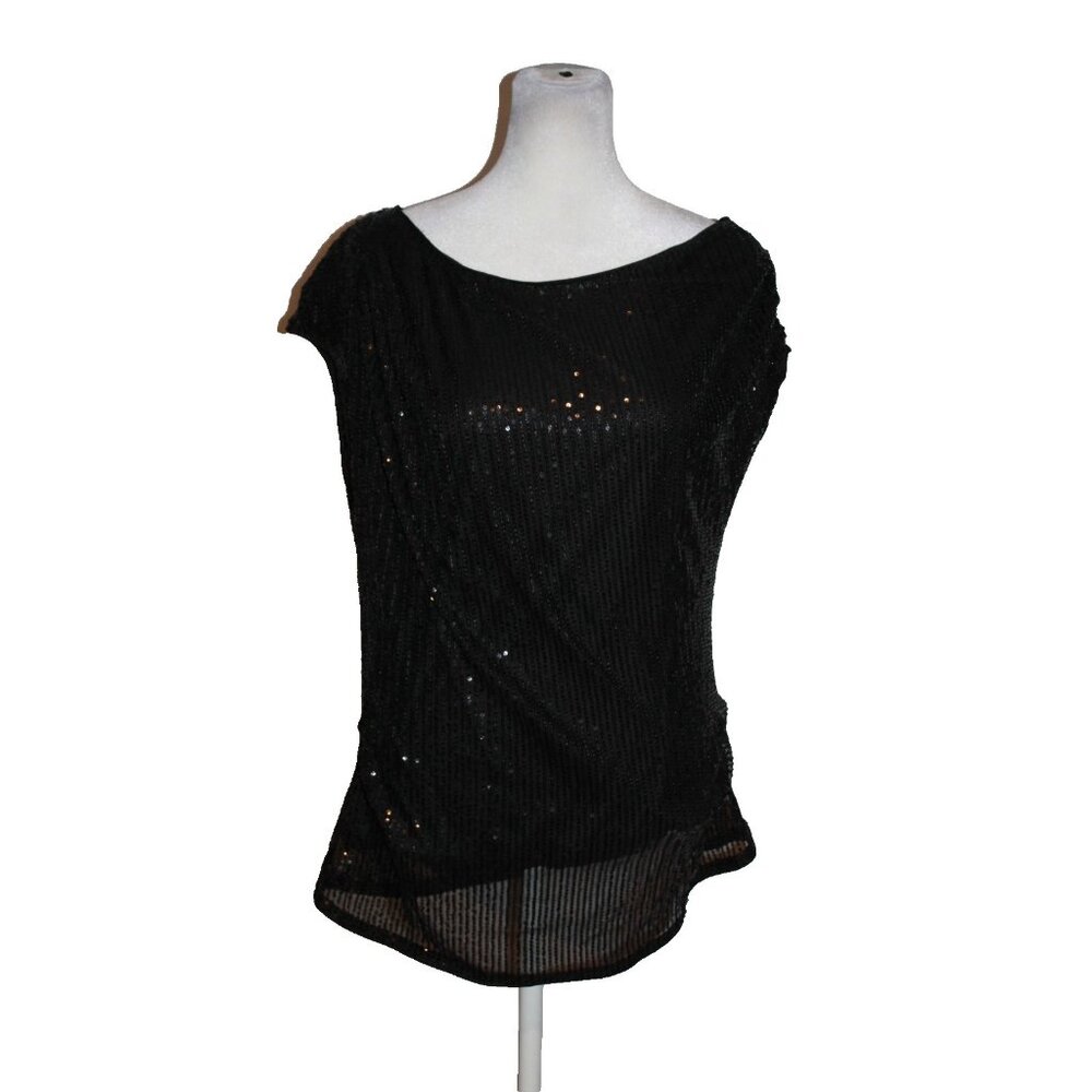 Grace Karin Top Womens Size Large L Black Sequin Cap Sleeve Lined Shirt NEW